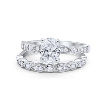Two Piece Band Engagement Ring Oval Simulated CZ 925 Sterling Silver